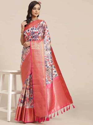 Silk Land  White  Digital Printed Art Silk Saree  1