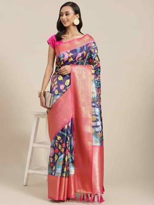 Silk Land  Navy Blue  Digital Printed Art Silk Saree  1