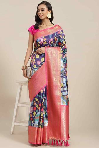 Silk Land  Navy Blue  Digital Printed Art Silk Saree 