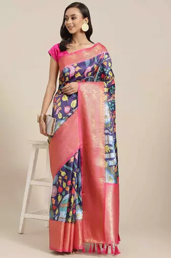Silk Land  Navy Blue  Digital Printed Art Silk Saree 