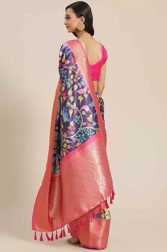 Silk Land  Navy Blue  Digital Printed Art Silk Saree 