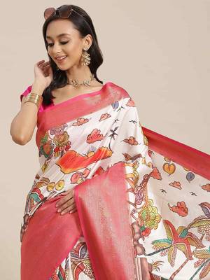 Silk Land  White  Digital Printed Art Silk Saree  1