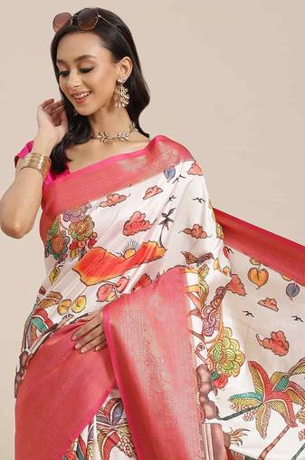 Silk Land  White  Digital Printed Art Silk Saree 