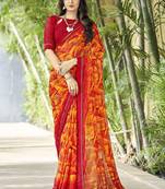 Red artist print chiffon fancy saree banarsi border with blouse