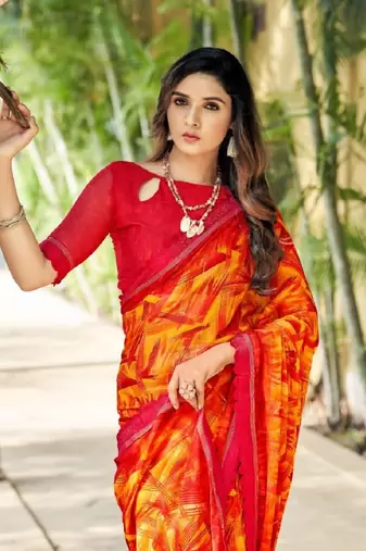Red artist print chiffon fancy saree banarsi border with blouse
