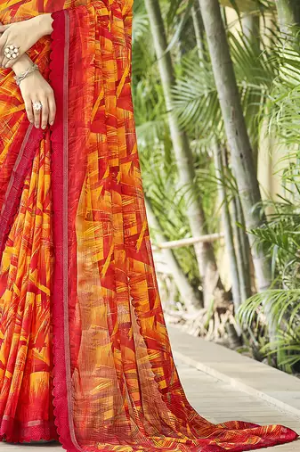 Red artist print chiffon fancy saree banarsi border with blouse