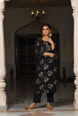 KAAJH Black Printed Cotton Kurta Pant Set 5