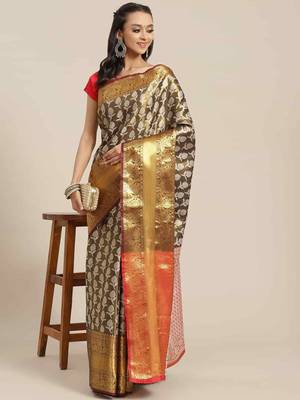 Silk Land  Black  Woven Design Brocade Saree  1