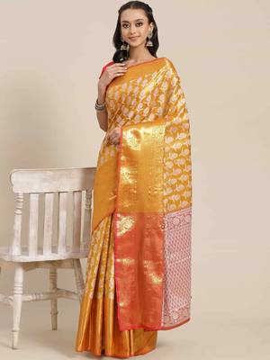 Silk Land  Mustard  Woven Design Brocade Saree  1
