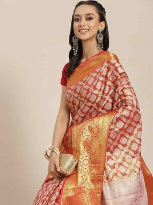 Silk Land  Red  Woven Design Brocade Saree  1