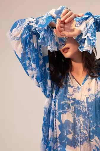 Blue azure floral printed top
