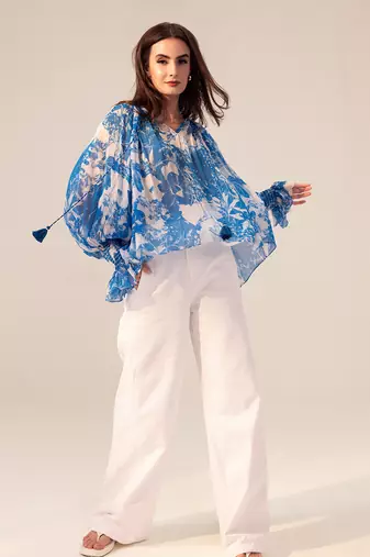 Blue azure floral printed top