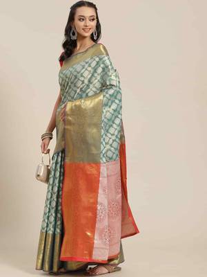 Silk Land  Teal  Woven Design Brocade Saree  1