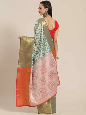 Silk Land  Teal  Woven Design Brocade Saree  2