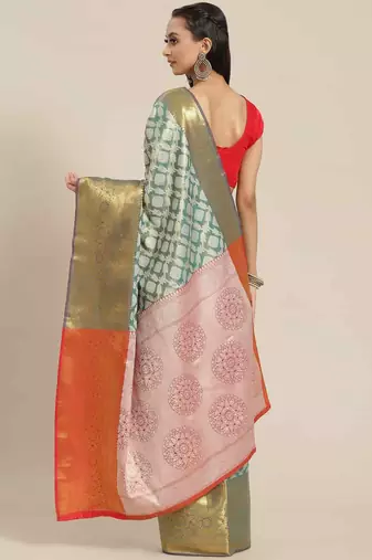 Silk Land  Teal  Woven Design Brocade Saree 