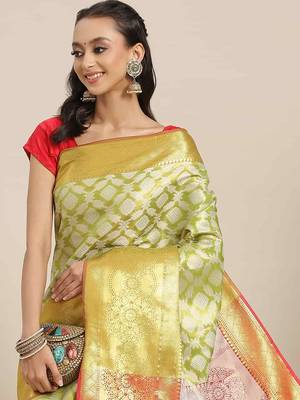 Silk Land  Lime Green  Woven Design Brocade Saree  1