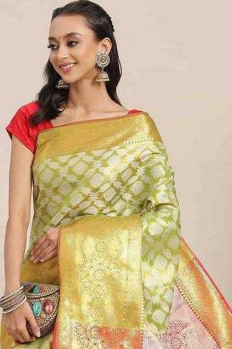Silk Land  Lime Green  Woven Design Brocade Saree 