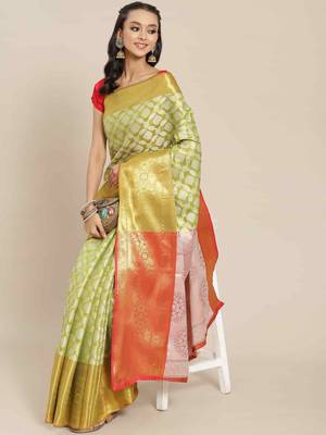 Silk Land  Lime Green  Woven Design Brocade Saree  2