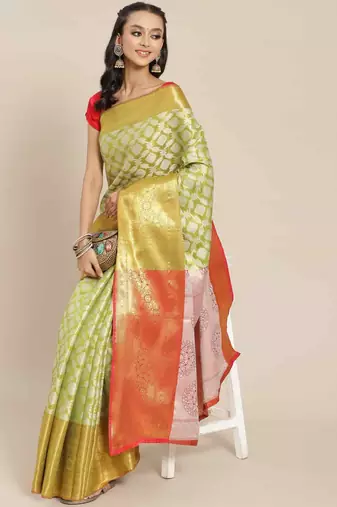 Silk Land  Lime Green  Woven Design Brocade Saree 