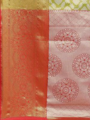 Silk Land  Lime Green  Woven Design Brocade Saree  5