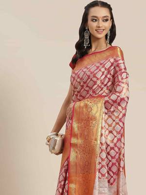 Silk Land  Pink  Woven Design Brocade Saree  1