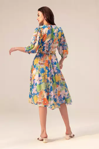 Blue iris floral printed midi dress