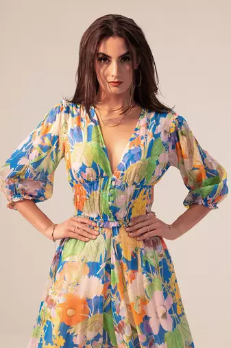 Blue iris floral printed midi dress