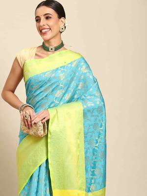 Silk Land  teal  woven design art silk saree  1