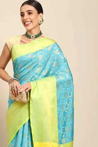 Silk Land  teal  woven design art silk saree 