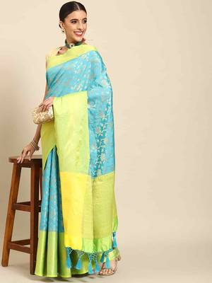 Silk Land  teal  woven design art silk saree  2