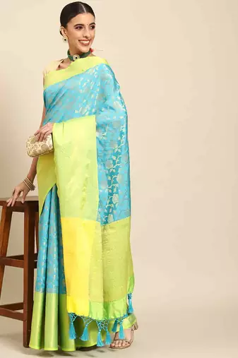 Silk Land  teal  woven design art silk saree 