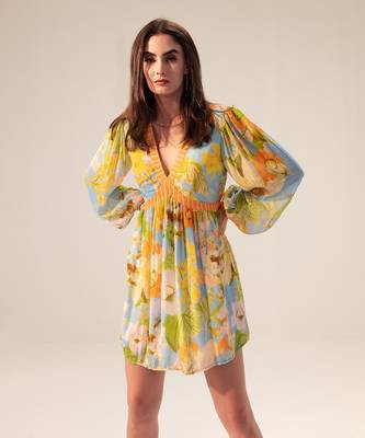 Light blue iris floral printed short dress 2