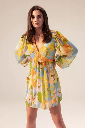 Light blue iris floral printed short dress