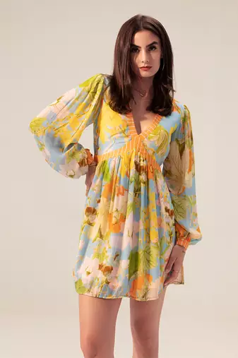 Light blue iris floral printed short dress