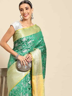 Silk Land  Green  Woven Design Art Silk Saree  1