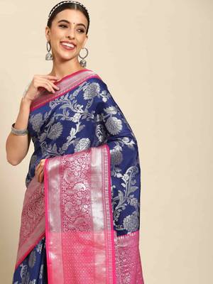 Silk Land  Navy Blue  Woven Design Art Silk Saree  1