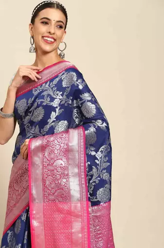 Silk Land  Navy Blue  Woven Design Art Silk Saree 