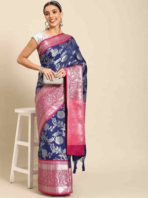 Silk Land  Navy Blue  Woven Design Art Silk Saree  2