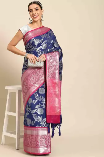 Silk Land  Navy Blue  Woven Design Art Silk Saree 
