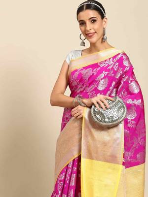 Silk Land  Pink  Woven Design Art Silk Saree  1