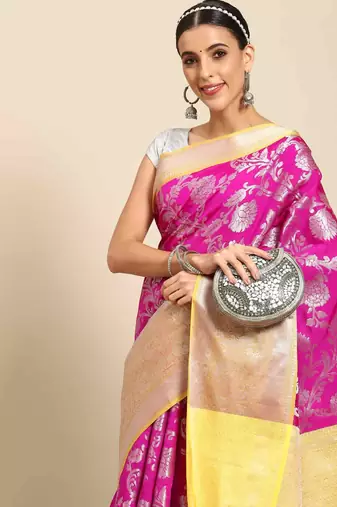 Silk Land  Pink  Woven Design Art Silk Saree 