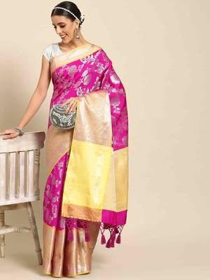 Silk Land  Pink  Woven Design Art Silk Saree  2