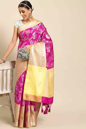 Silk Land  Pink  Woven Design Art Silk Saree 