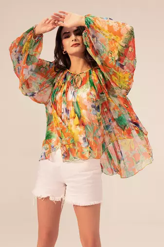 Orange multicolored eden floral printed top