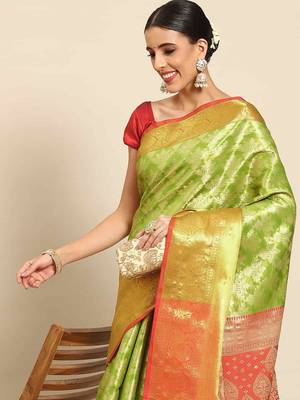 Silk Land  Green  Woven Design Brocade Saree  1