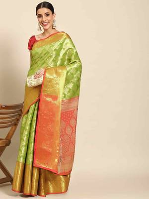 Silk Land  Green  Woven Design Brocade Saree  2