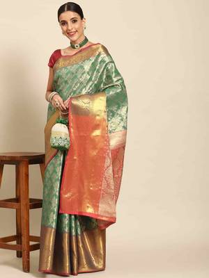 Silk Land  Teal  Woven Design Brocade Saree  1