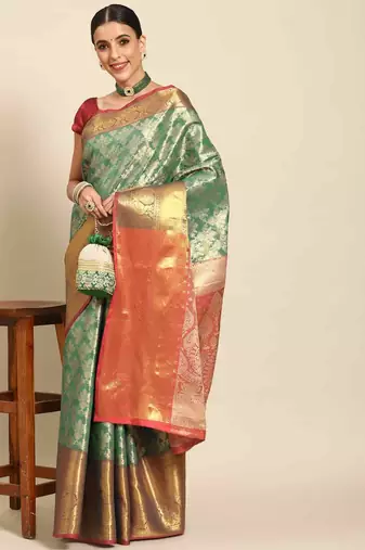 Silk Land  Teal  Woven Design Brocade Saree 