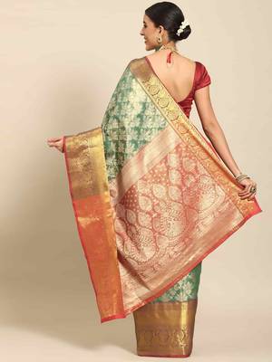 Silk Land  Teal  Woven Design Brocade Saree  2
