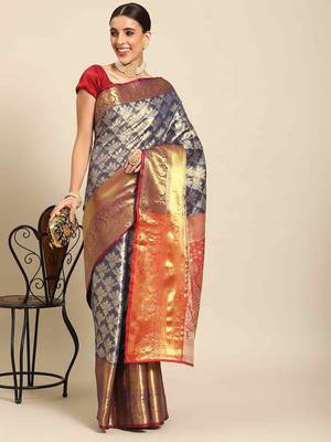 Silk Land  Navy Blue  Woven Design Brocade Saree  1